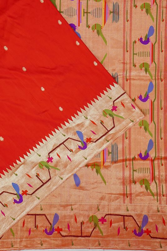 Paithani Silk Butta Red Saree With Akruthi Border