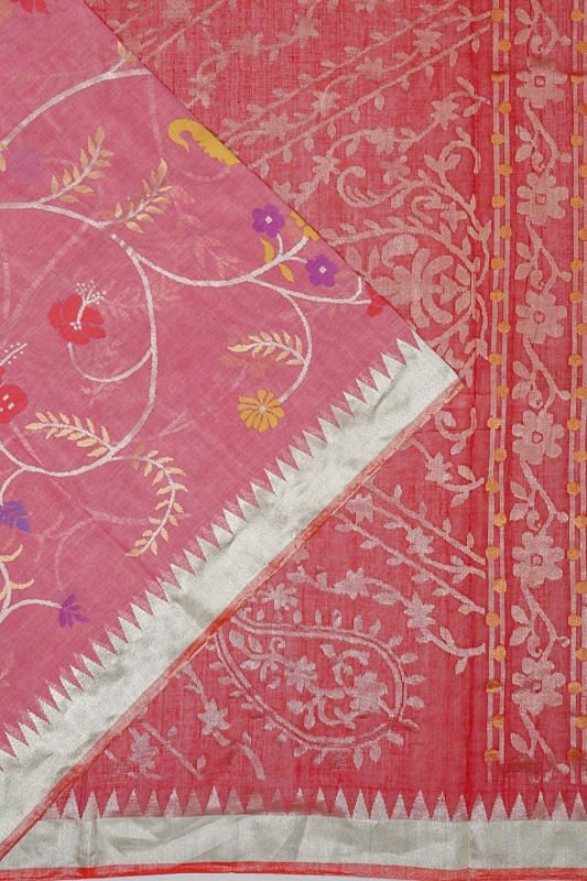 Ponduru Handspun Cotton All Over Jamdani Jaal Baby Pink Saree