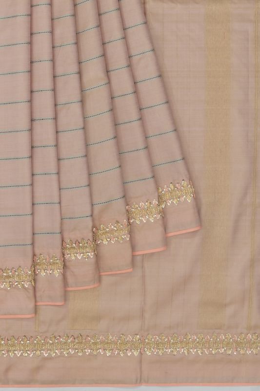 Kanchipuram Silk Horizontal Lines Baby Pink Saree With Zardosi Work