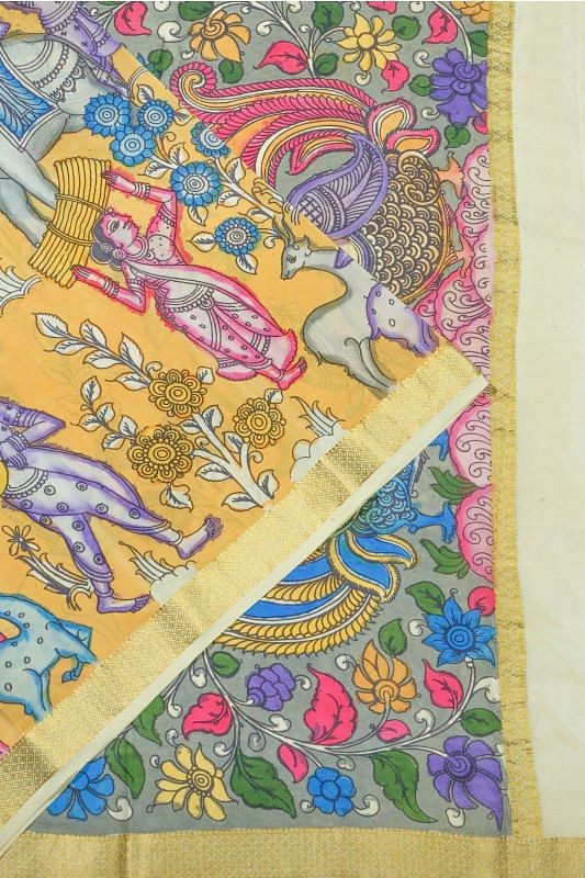 Crepe Kalamkari Hand Painted Yellow Saree