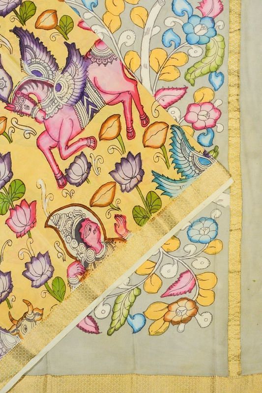 Crepe Kalamkari Hand Painted Yellow Saree