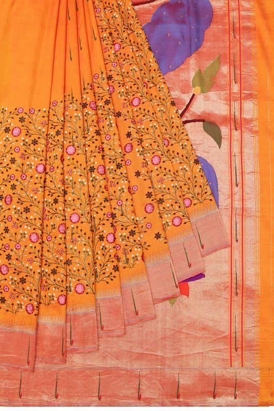 Paithani Silk Embroidery Half And Half Mustard Yellow Saree With Single Muniya Border