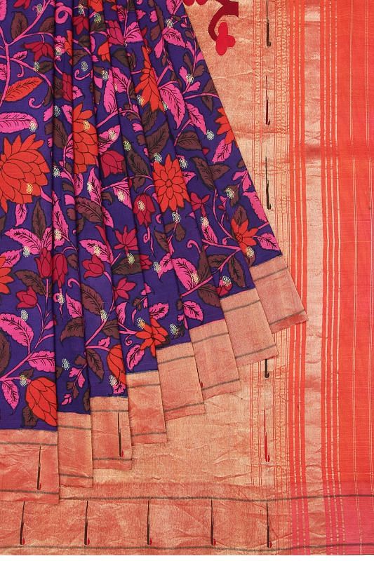 Paithani Silk Kalamkari Hand Painted And Butta Violet Saree