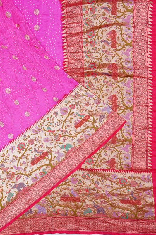 Banarasi Silk Bandhani Butta Pink Saree