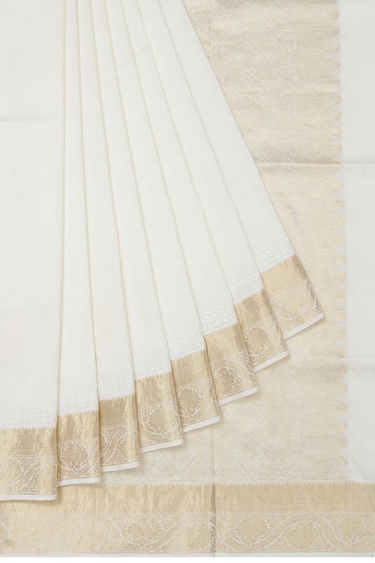 Kanchipuram Silk Plain White Saree With Chikankari Hand Embroidery