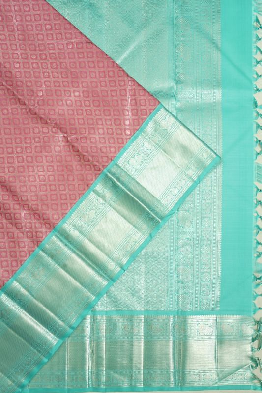 Kanchipuram Silk Criss Cross Checks And Butta Pink Saree