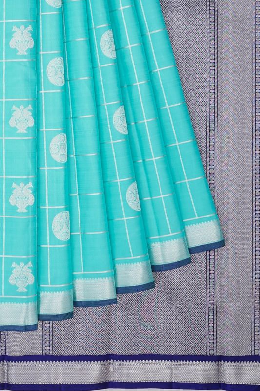 Kanchipuram Silk Checks And Butta Sky Blue Saree