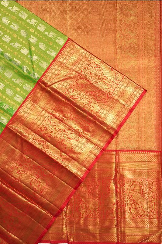 Kanchipuram Silk Tissue Vertical Lines And Butta Parrot Green Saree