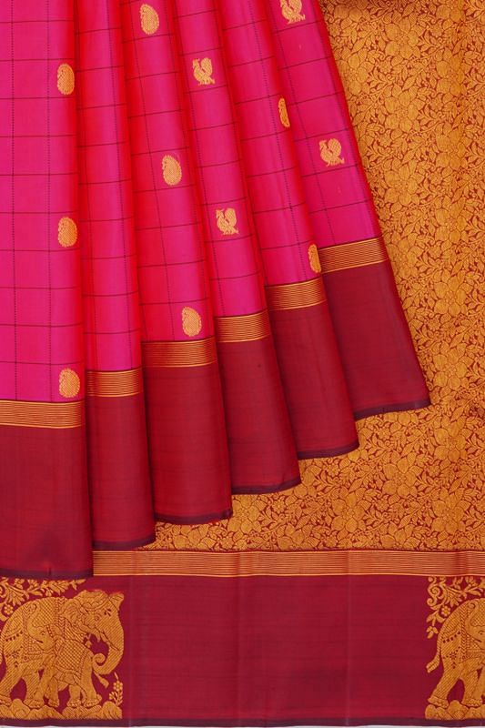 Kanchipuram Silk Checks And Butta Pink Saree