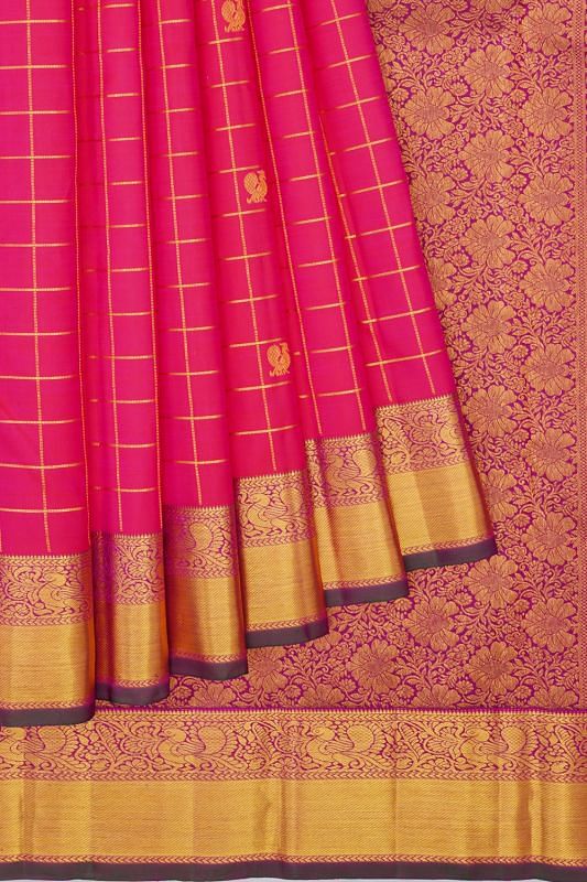 Kanchipuram Silk Checks And Butta Pink Saree