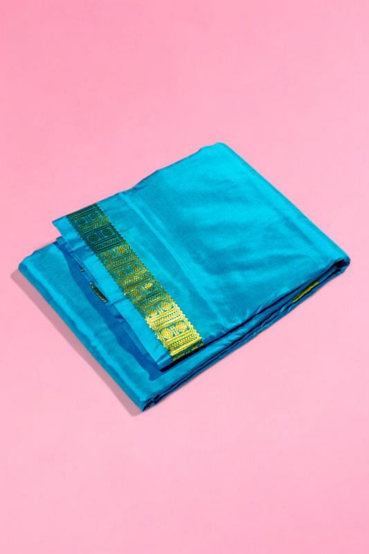 Kanchipuram Silk Plain Sky Blue Dhoti With Kanduva