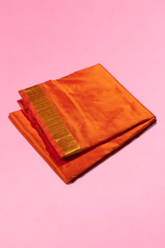 Kanchipuram Silk Plain Orange Dhoti With Kanduva