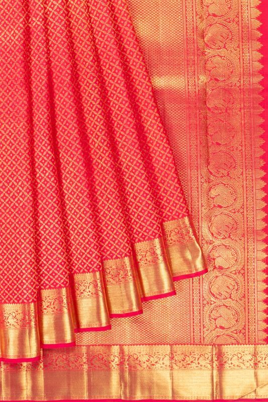 Kanchipuram Silk Criss Cross Checks And Butta Red Saree