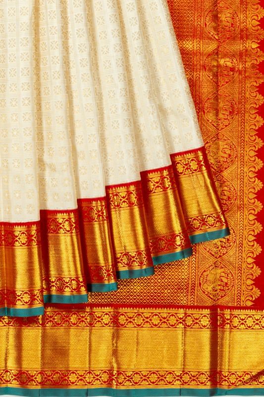 Kanchipuram Silk Checks And Butta White Saree