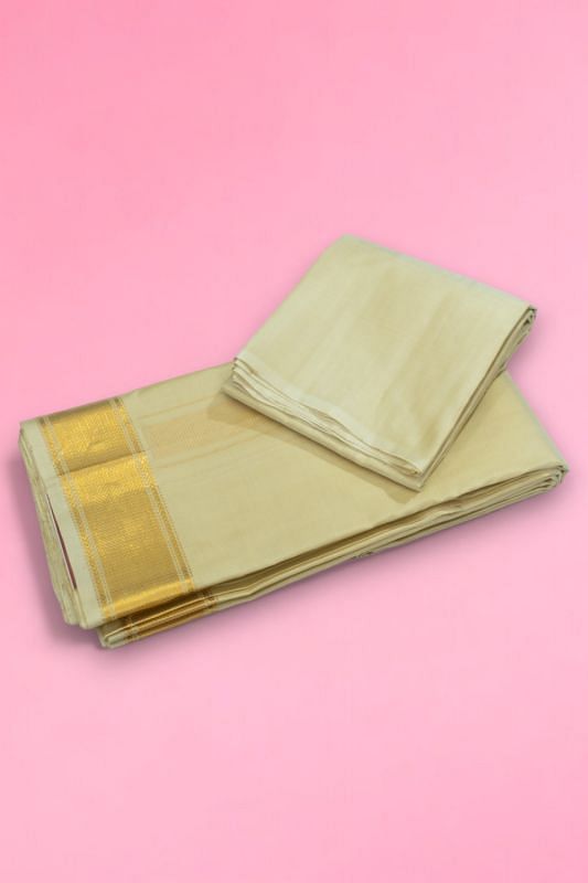 Kanchipuram Silk Plain Beige Dhoti With Kanduva