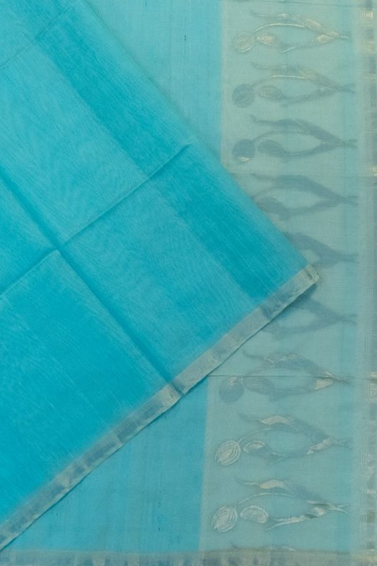 Tussar Plain Blue Saree With Organza Pallu