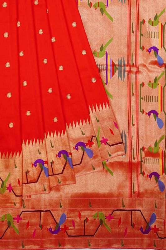 Paithani Silk Butta Red Saree With Akruthi Border