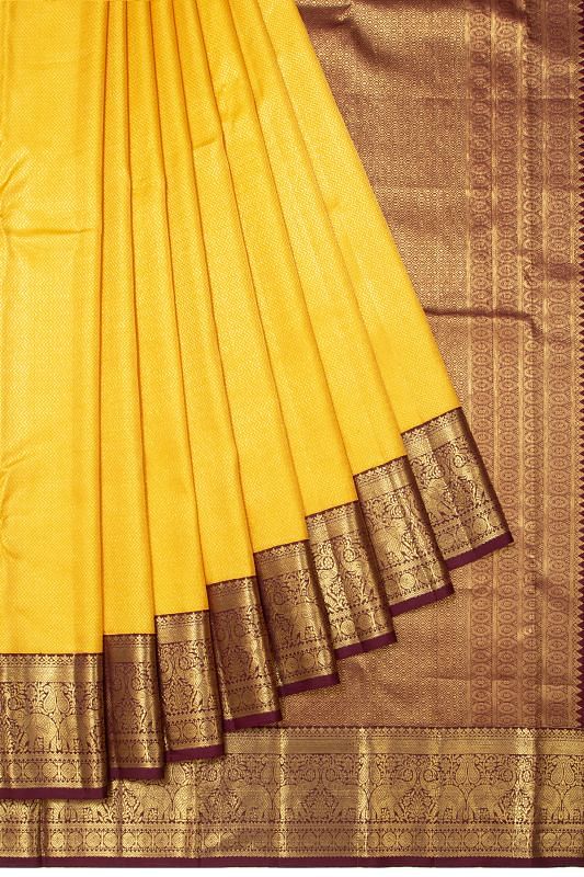 Kanchipuram Silk Zig Zag Lines Mustard Yellow Saree