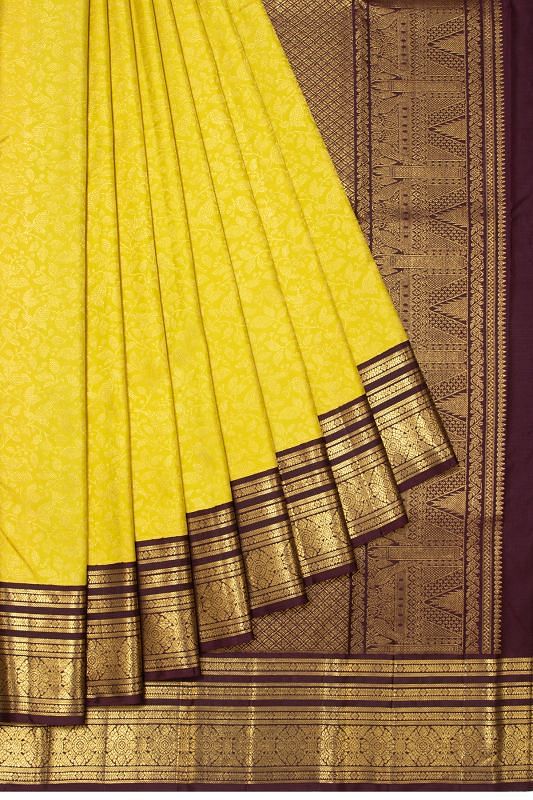 Kanchipuram Silk Brocade Yellow Saree With Ganga Jamuna Border