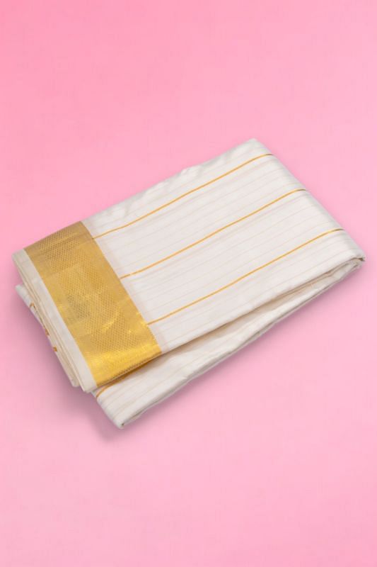 Kanchipuram Silk Vertical Lines White Dhoti With Kanduva