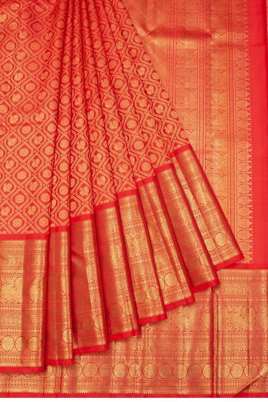 Kanchipuram Silk Criss Cross Checks And Butta Red Saree