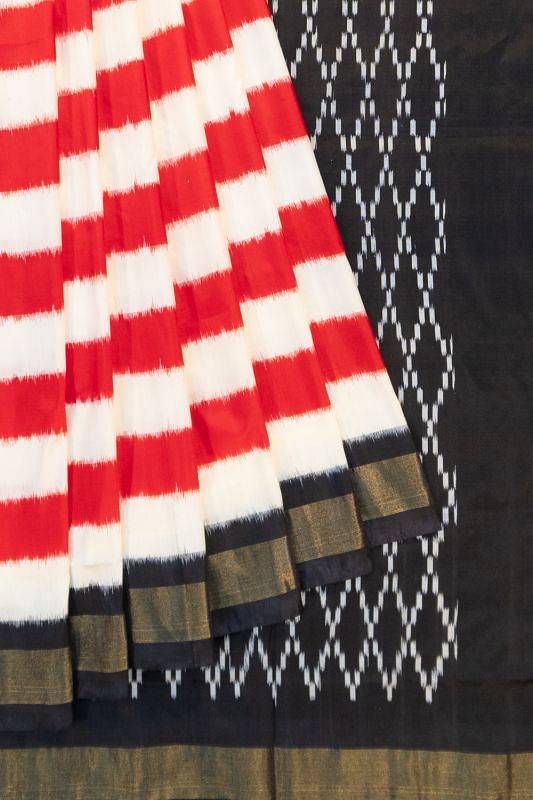 Pochampally Silk Ikat Horizontal Lines Red And White Saree