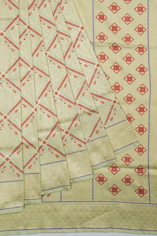 Banarasi Silk Criss Cross Checks And Butta Pista Green Saree