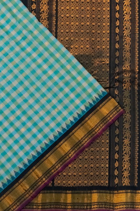 Gadwal Cotton Checks And Butta White And Sky Blue Saree