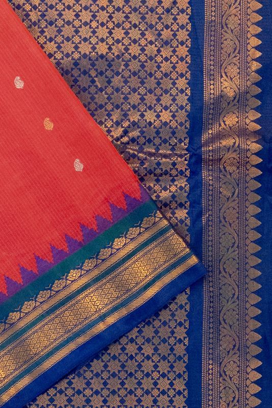 Gadwal Cotton Checks And Butta Pinkish Red Saree