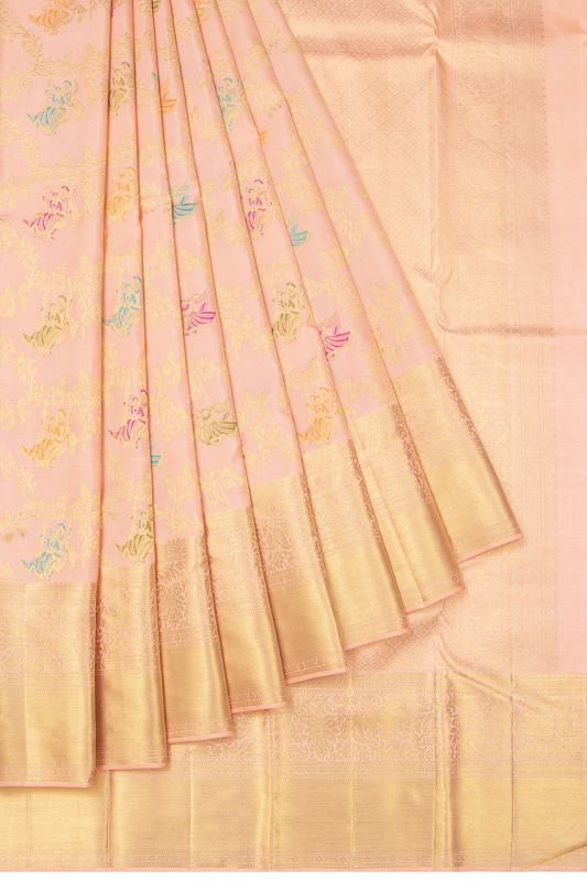 Kanchipuram Silk Jaal Radha Krishna Peach Saree With Meenakari