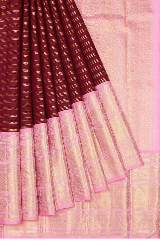 Kanchipuram Silk Horizontal Lines Brown Saree