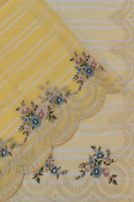 Organza Horizontal Lines Lemon Yellow Saree With Embroidery And Scallop Border