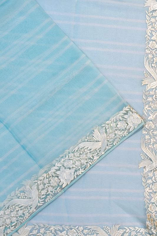 Organza Horizontal Lines Sky Blue Saree With Embroidery Border