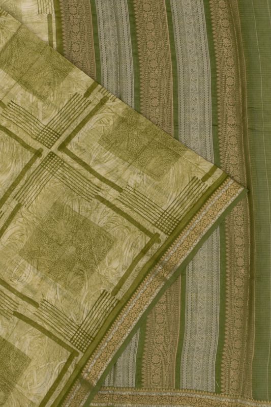 Chanderi Cotton Geometrical Printed Green Saree