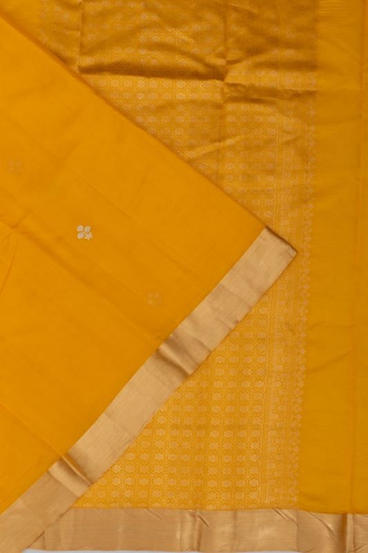 Banarasi Katan Silk Half And Half Jaal And Butta Mustard Yellow Saree