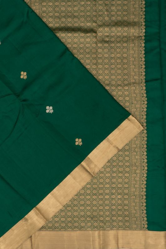 Banarasi Katan Silk Half And Half Jaal And Butta Dark Green Saree