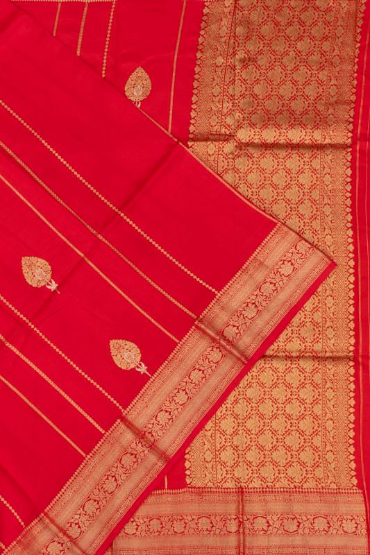 Banarasi Katan Silk Vertical Lines And Butta Pinkish Red Saree