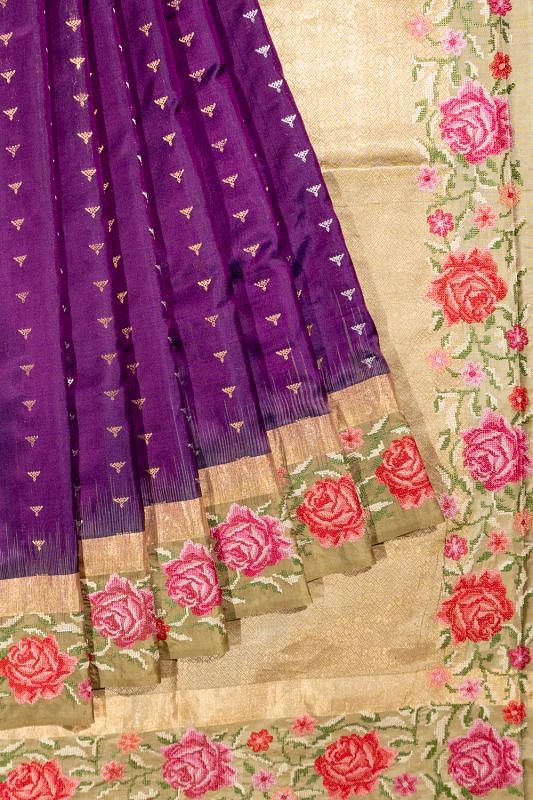 Chanderi Silk Butta Purple Saree With Embroidery Border