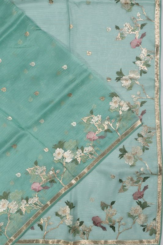 Organza Horizontal Lines Sea Green Saree