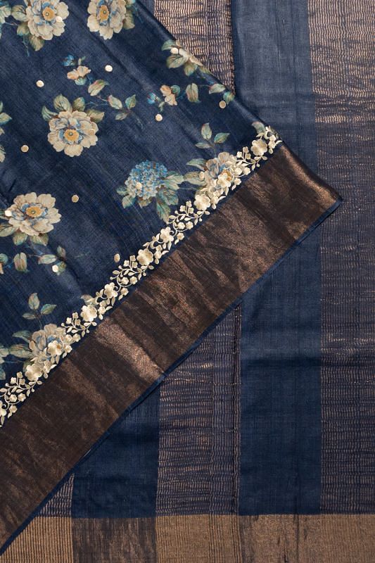 Tussar Floral Printed And Butta Dark Blue Saree