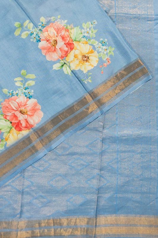 Banarasi Katan Silk Checks And Floral Printed Pastel Blue Saree