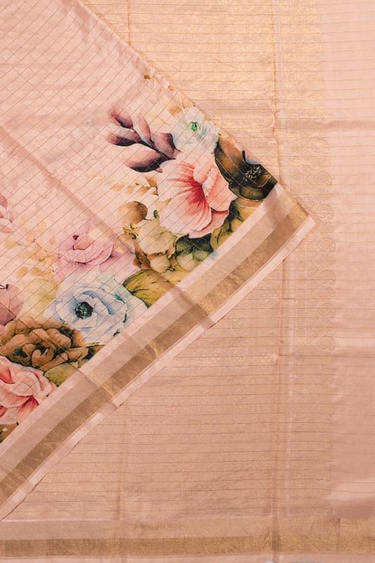 Banarasi Katan Silk Checks And Floral Printed Peach Saree