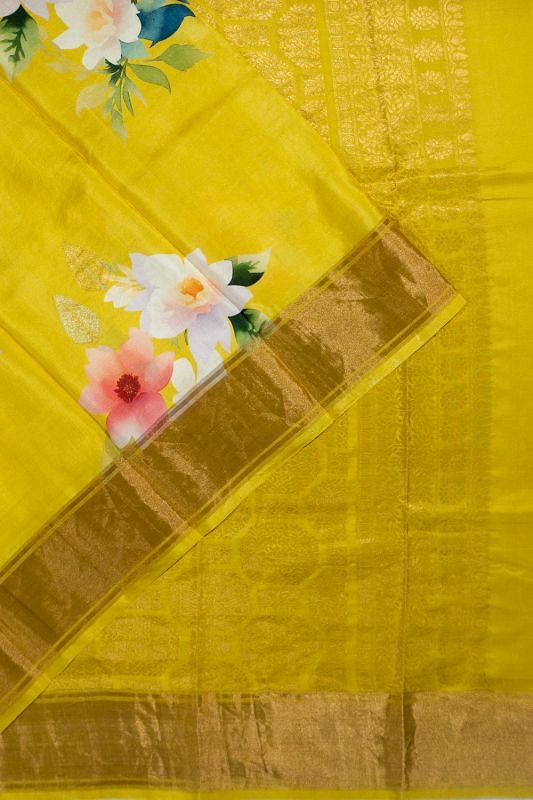 Banarasi Katan Silk Floral Printed Butta Yellow Saree