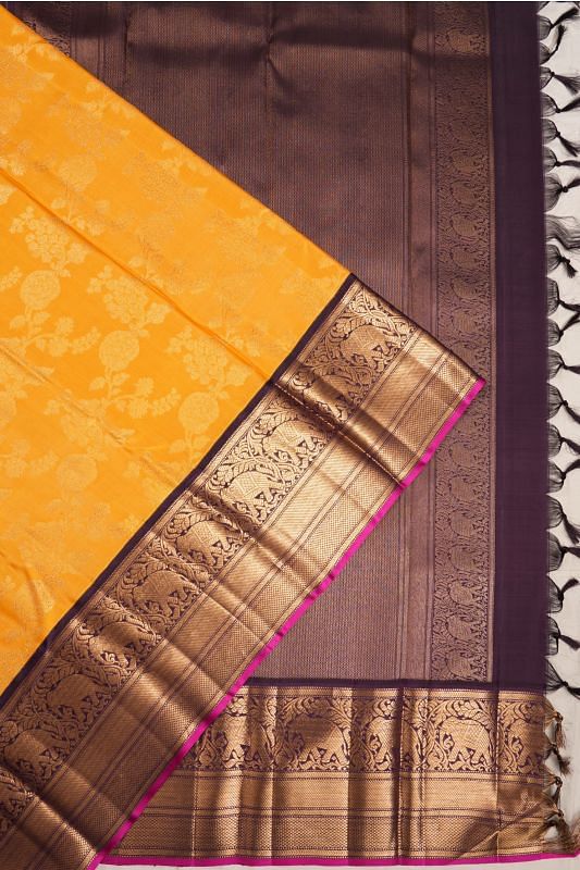 Kanchipuram Silk Jaal Yellow Saree