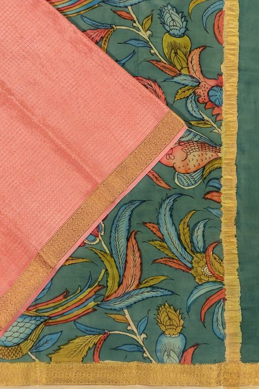 Georgette Crepe Checks Peach Saree With Kalamkari Pallu