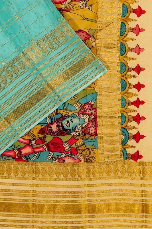 Georgette Crepe Checks Sky Blue Saree With Kalamkari Pallu