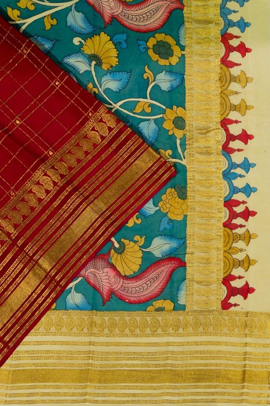 Georgette Crepe Checks Maroon Saree With Kalamkari Pallu