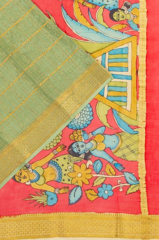 Georgette Crepe Checks Pista Green Saree With Kalamkari Pallu