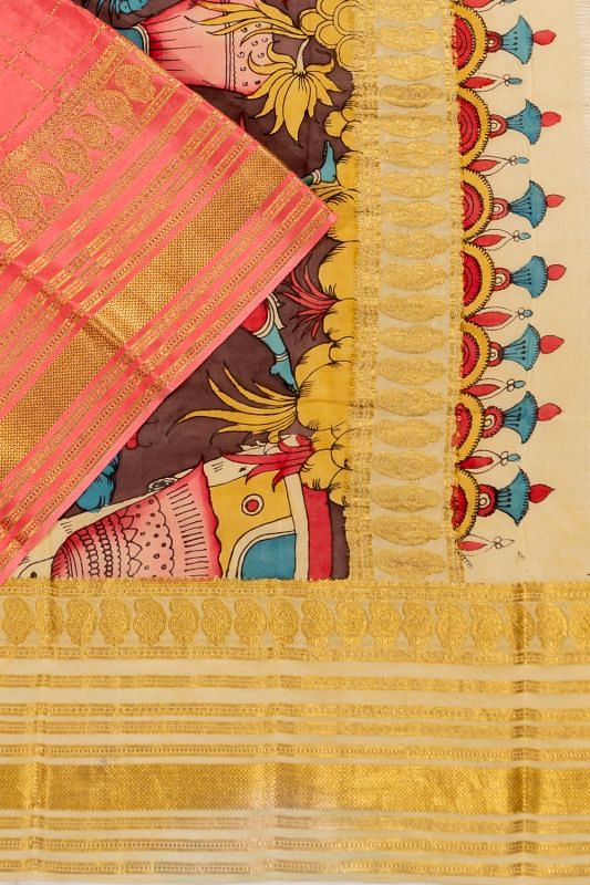 Georgette Crepe Checks Peach Saree With Kalamkari Pallu