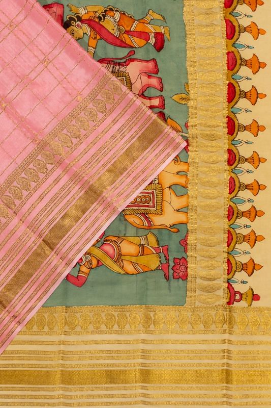 Georgette Crepe Checks Baby Pink Saree With Kalamkari Pallu